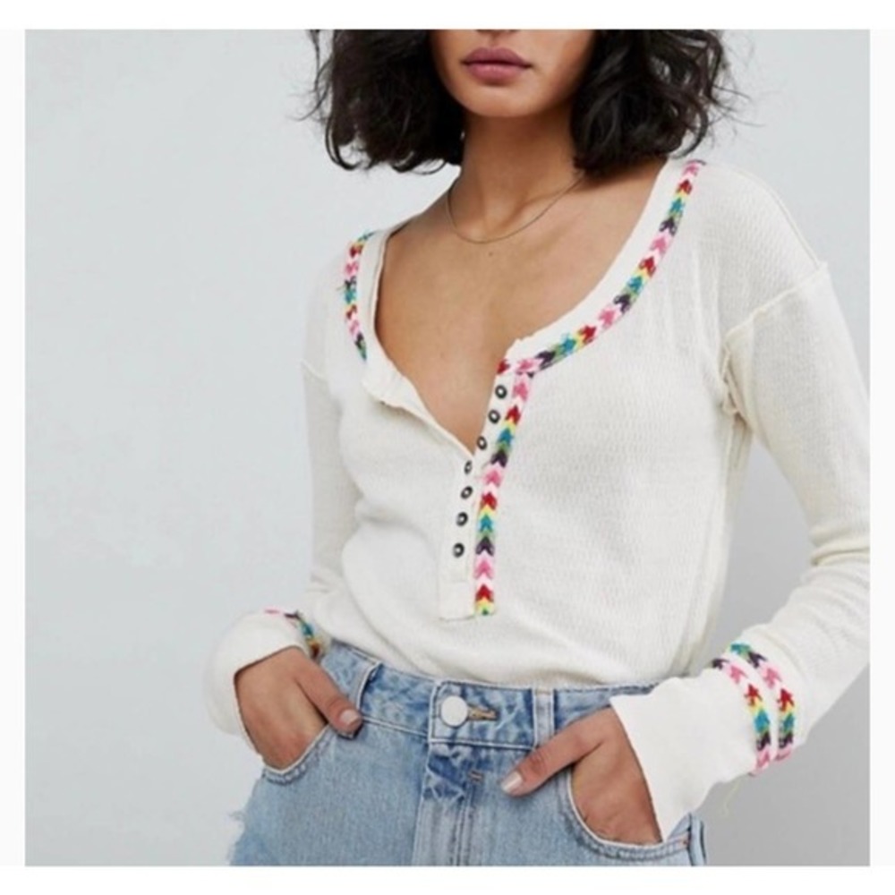 Free People Rainbow Thermal Long Sleeve cream / ivory embroidered size small